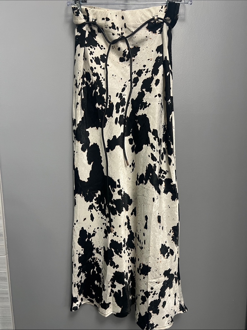 Love Tree Black and White Cow Print Satin Maxi Skirt
